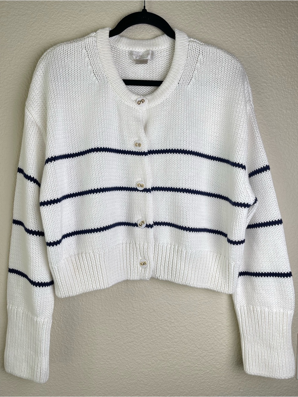 Caroline Constas White Cropped Knit Cardigan with Navy Stripes Button Front